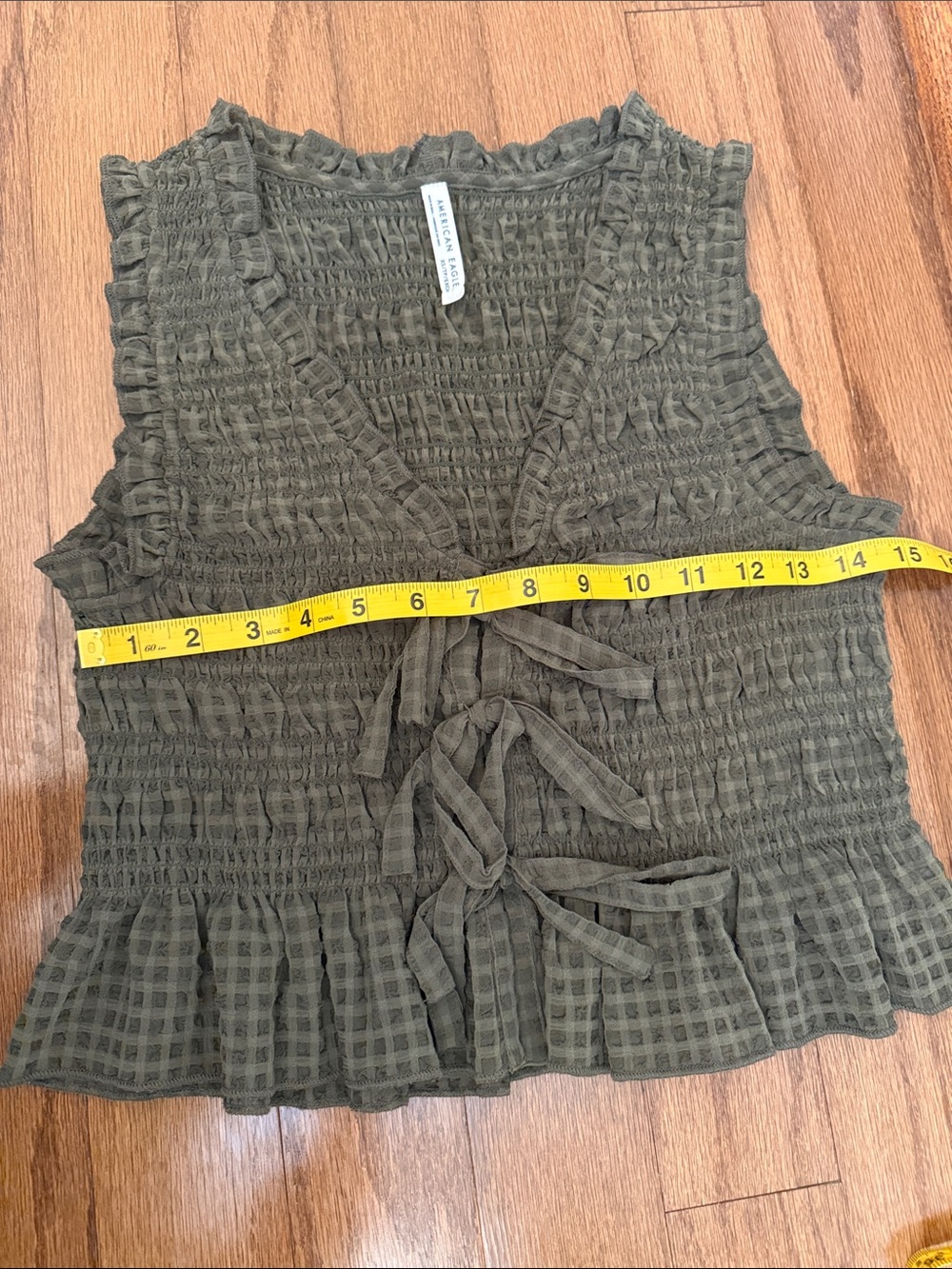 Bohemian Cottagecore Smocked Tie-Front Sleeveless Vest Crop Top — Olive Green - Picture 5 of 5